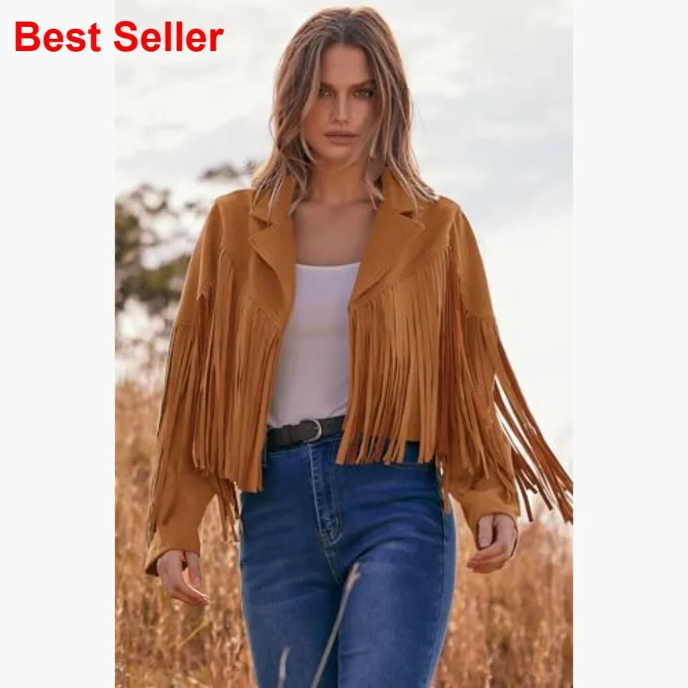 Faux Suede Fringe Cropped Jacket with Tassel Design - Picture 5 of 7